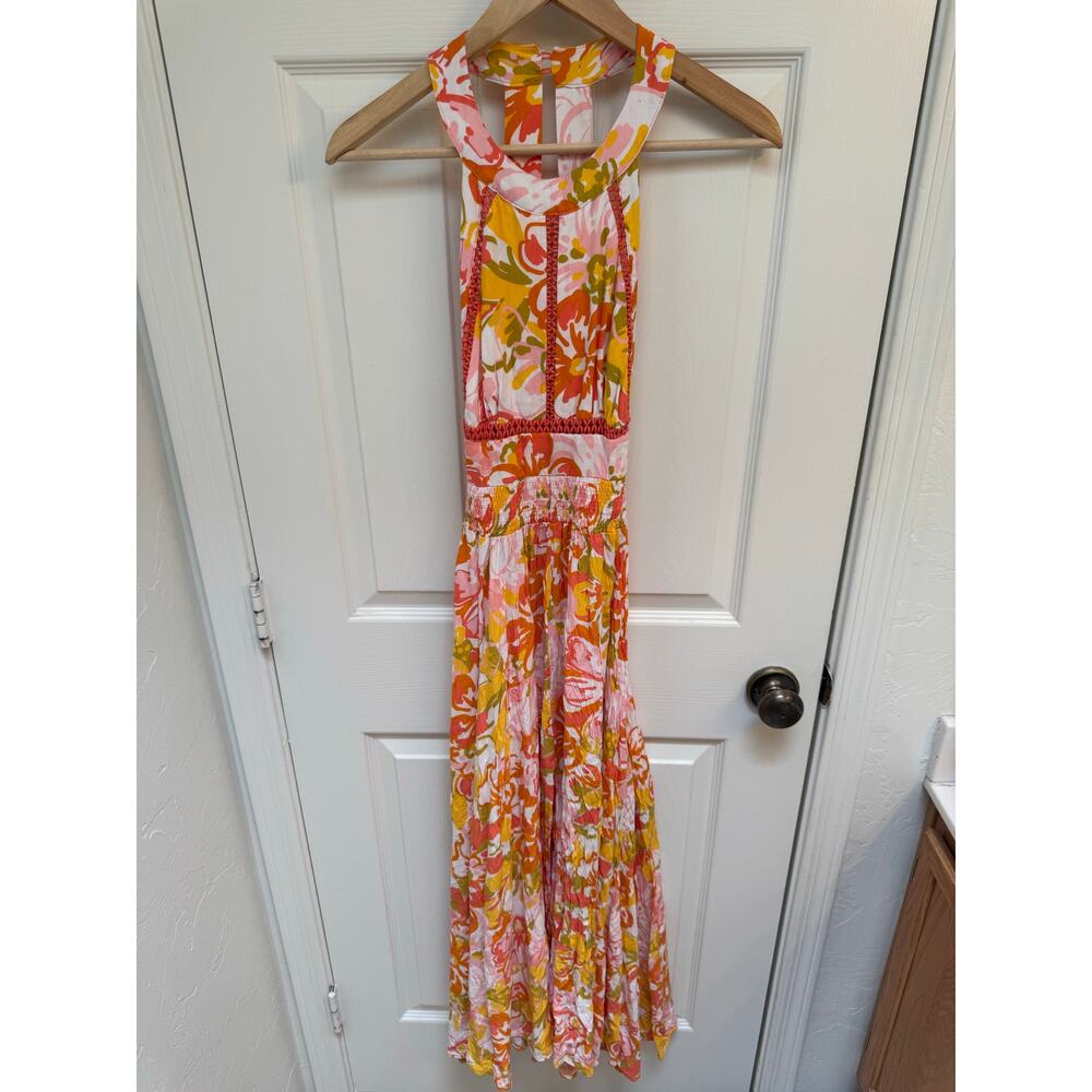 Abel the Label Anthropologie Halter Dress Pink Orange Boho Floral Maxi Sz Medium